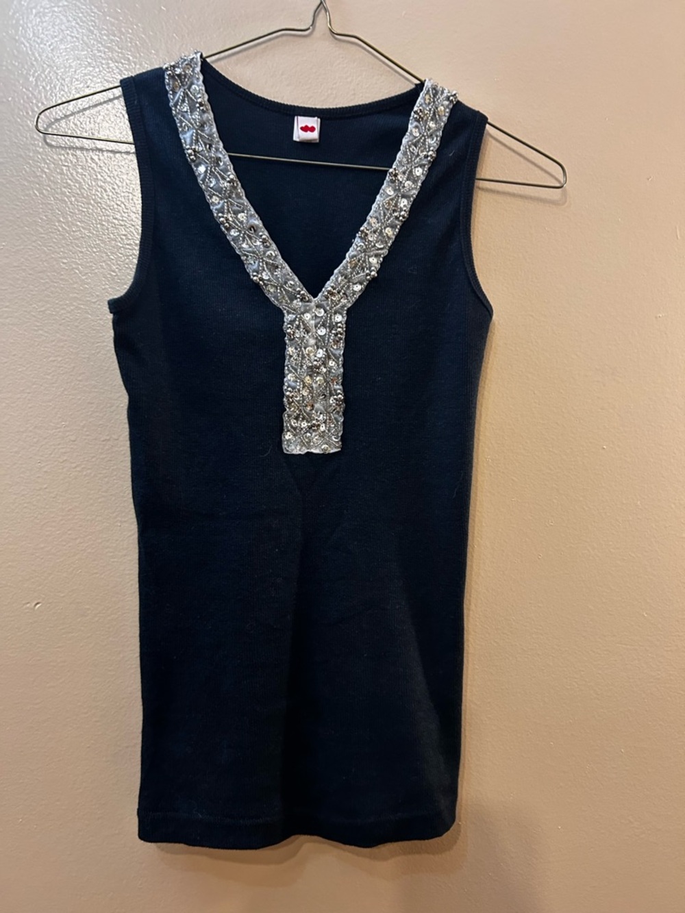 Sleeveless Black Tank with Silver Beaded V-Neck